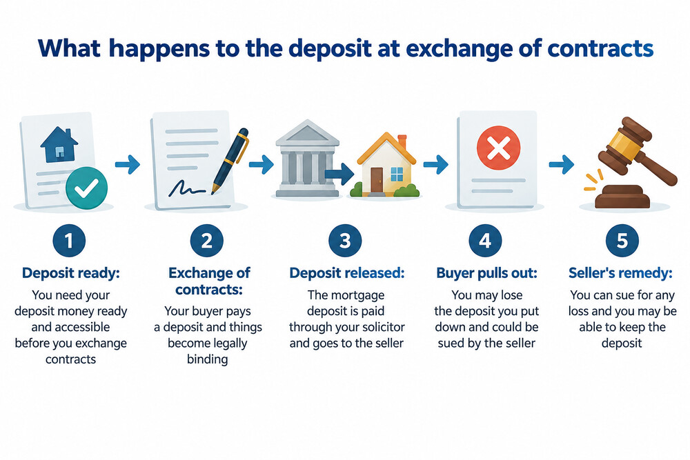 A diagram showing money and legal commitment moving at exchange of contracts, with the deposit released to the seller at that point