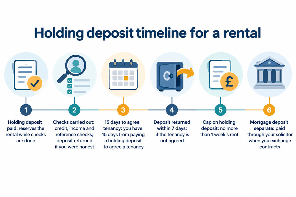 A simple timeline showing a holding deposit paid, checks carried out, and the 15-day point at which a tenancy is agreed