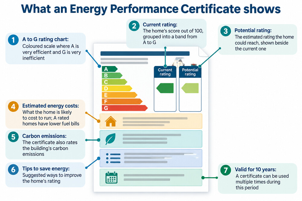 A colour-coded EPC rating chart showing bands A to G and a score out of 100