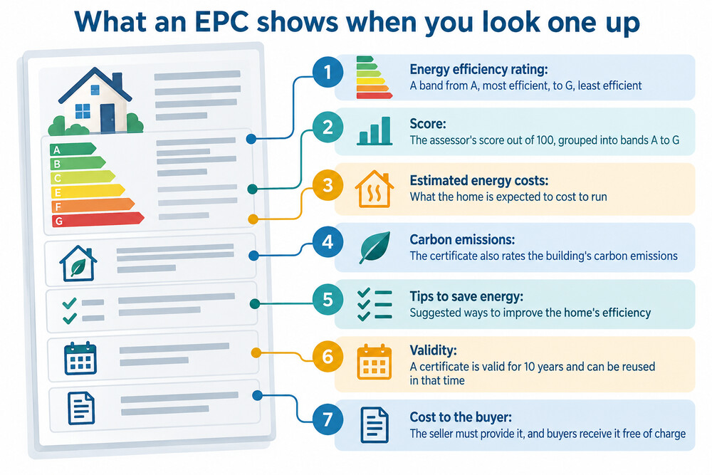 A screenshot-style illustration of searching the government EPC register by postcode