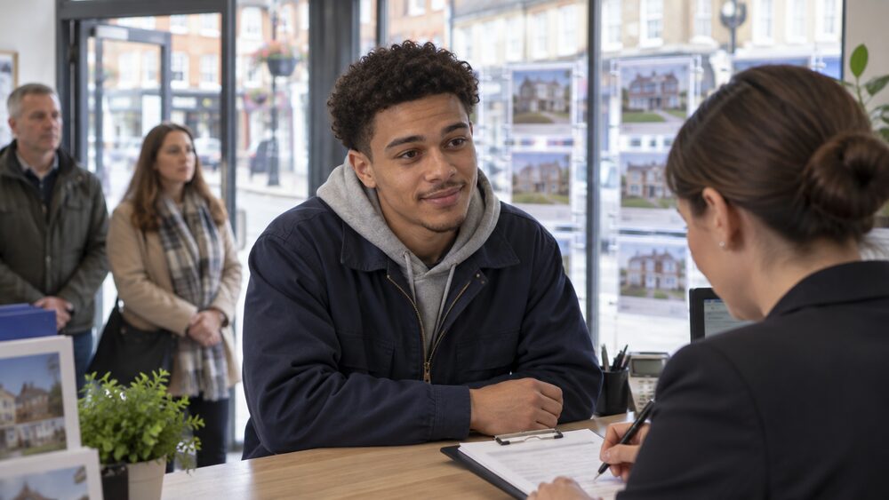 A young man speaks to an agent at a counter inside a busy estate agency branch.