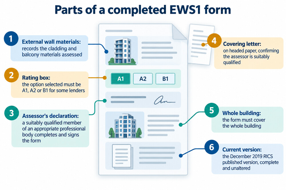 A completed EWS1 form showing the rating boxes and the assessor's declaration