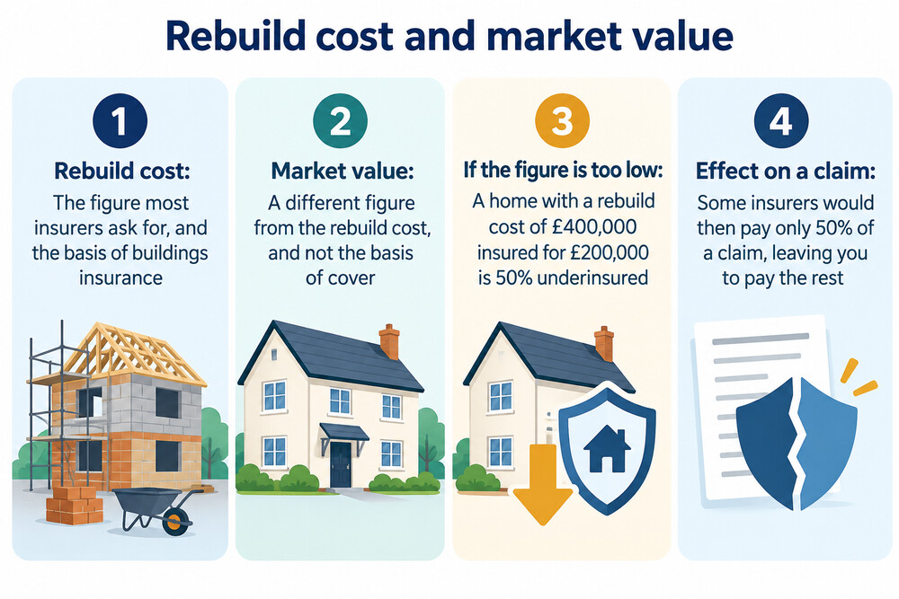 A diagram comparing the market value of a home, which includes the land, with the rebuild cost, which covers only rebuilding the structure