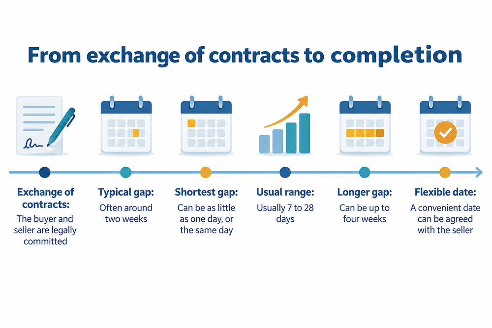 A simple timeline showing exchange of contracts on the left and completion on the right, with the gap marked as usually about two weeks