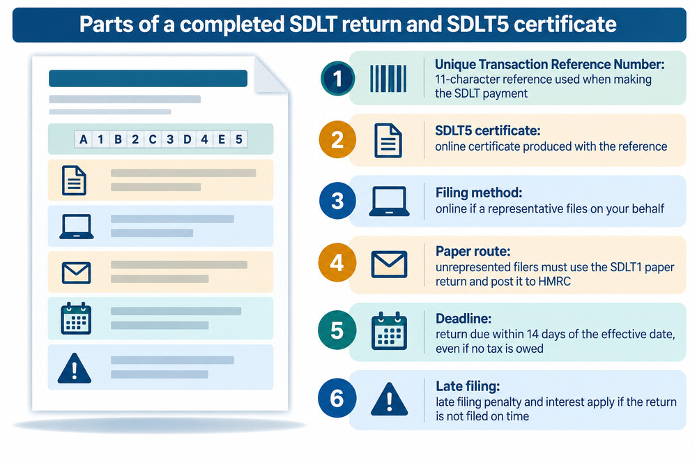 A completed SDLT return showing the transaction reference and the SDLT5 certificate