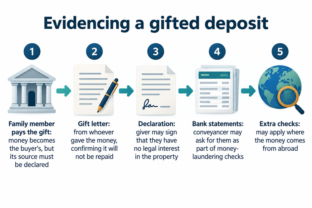 How a gifted deposit is evidenced, from the family member's account to completion