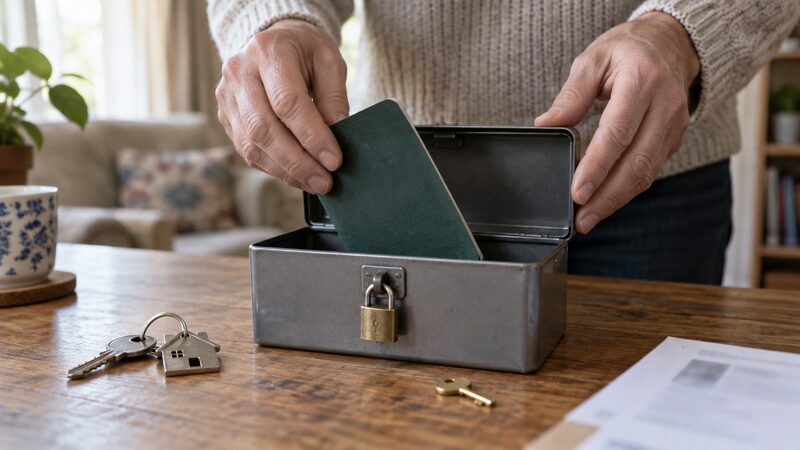 Hands place a passbook into a locked metal box on a table.