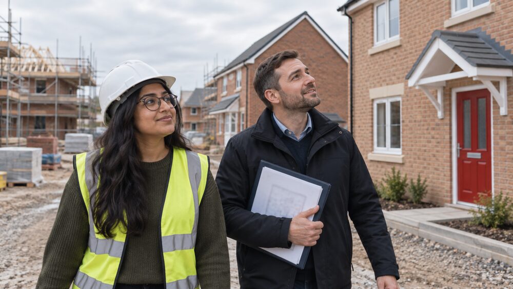 A woman in a hard hat walks with a sales negotiator across a part-built housing development.