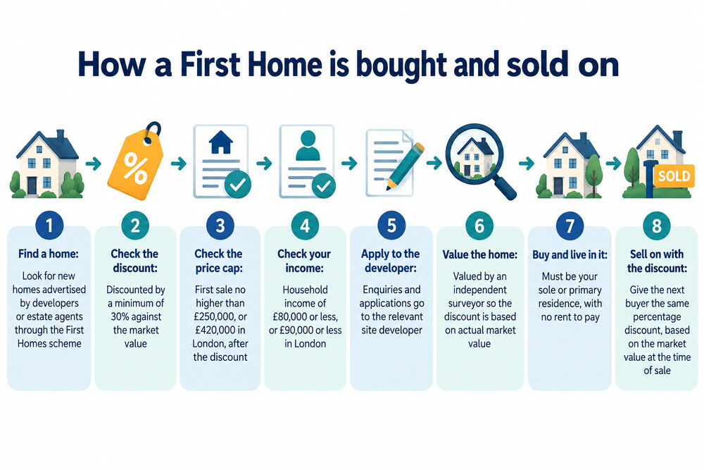 A developer's site board advertising First Homes with the discount and price cap shown