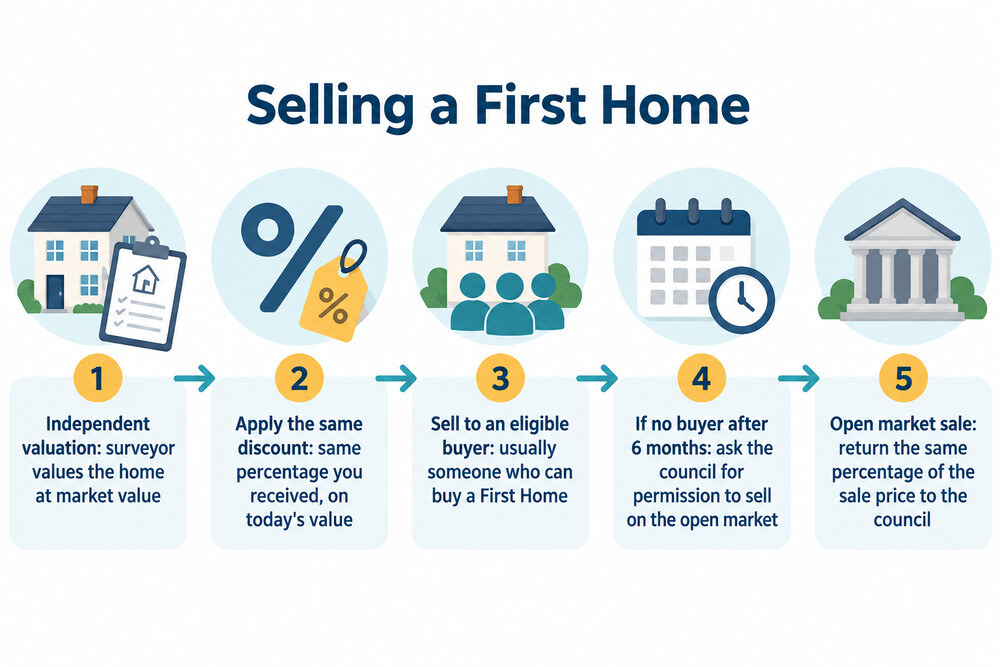 How a First Home is sold on: independent valuation, the same percentage discount, and a sale to an eligible buyer or, with permission, on the open market