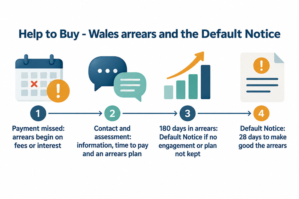 Timeline of Help to Buy - Wales arrears: missed payment, 180 days of arrears without engagement, a Default Notice and 28 days to pay