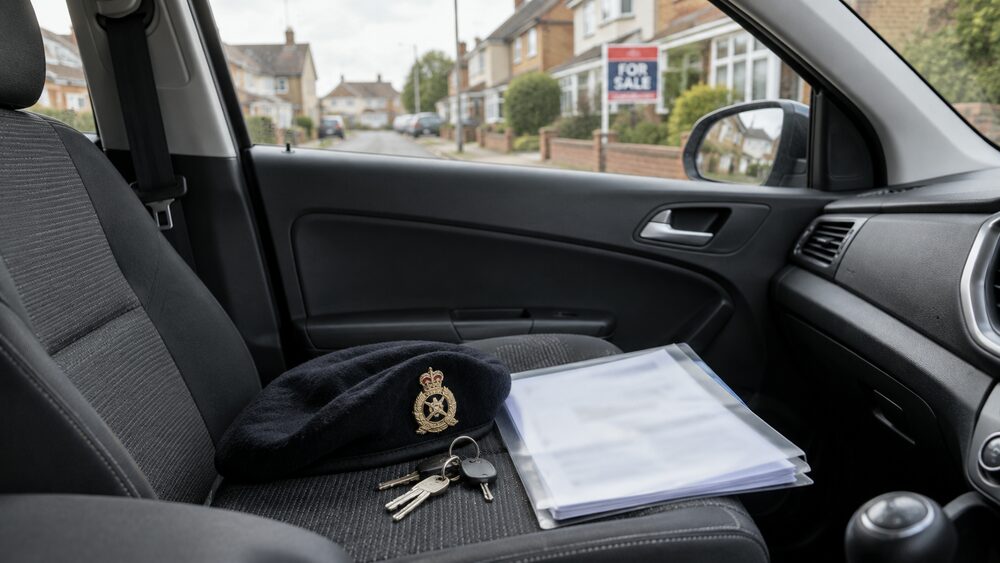 A military beret and house keys rest on a car seat with a for sale board visible outside.