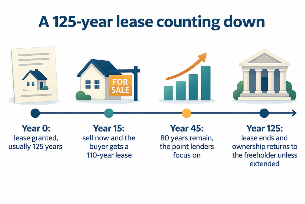 A timeline showing a 125-year lease counting down, with the 80-year mark highlighted