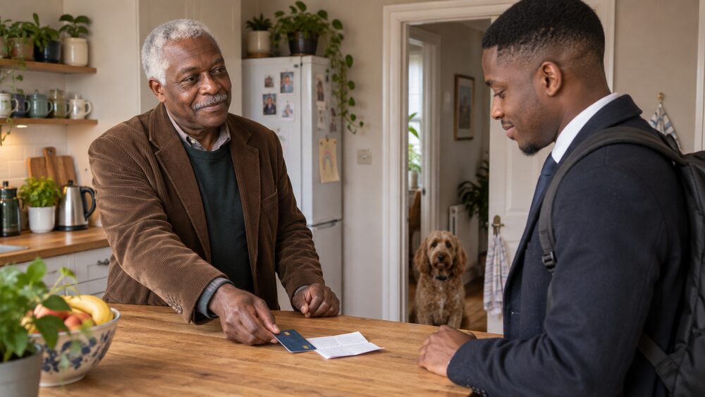 An older man slides a bank card and a handwritten note across a kitchen counter to his son.