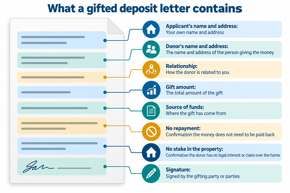 A one-page gifted deposit letter with the giver's details, the amount and a signature line
