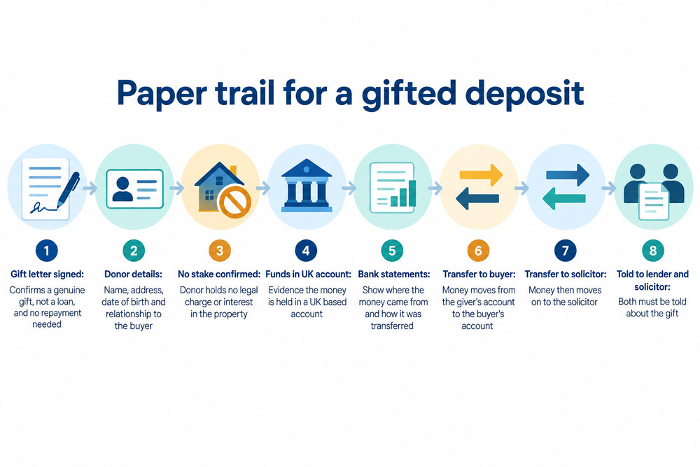 A flow showing money moving from the giver's account to the buyer's account and then to the solicitor
