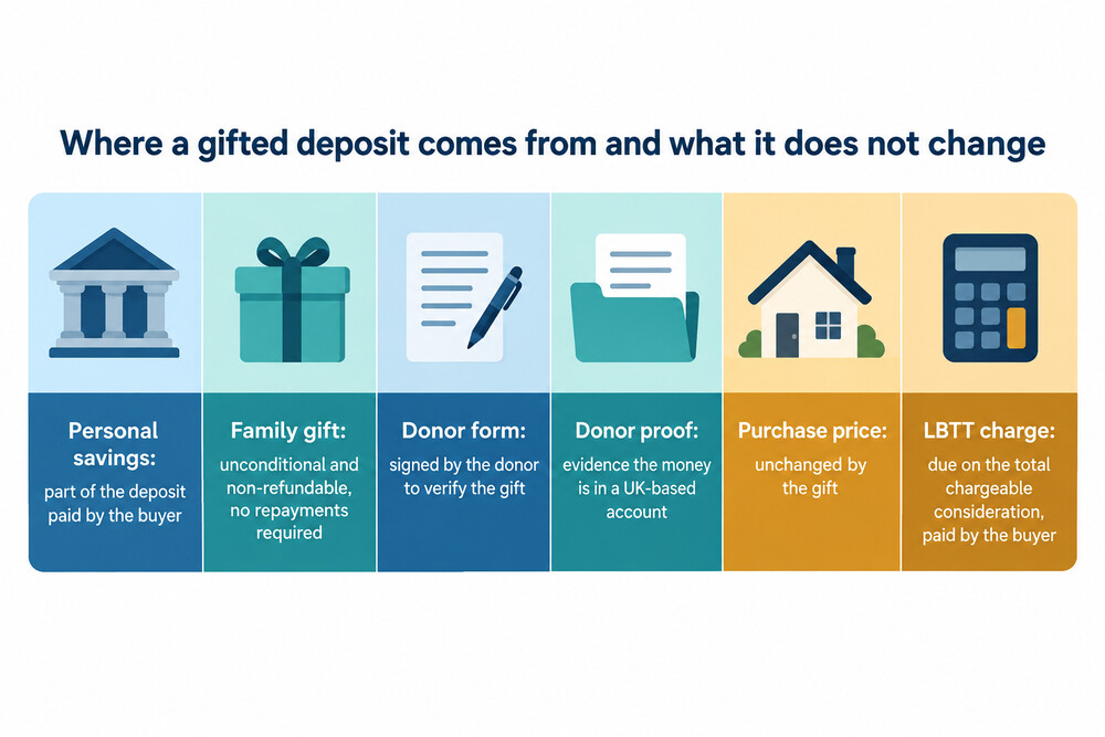 A buyer's deposit account showing a mix of personal savings and a family gift, with the purchase price unchanged