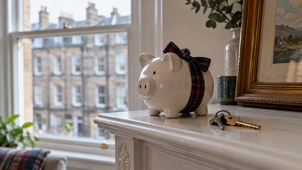 A piggy bank with a tartan ribbon sits on a mantelpiece beside a set of house keys.