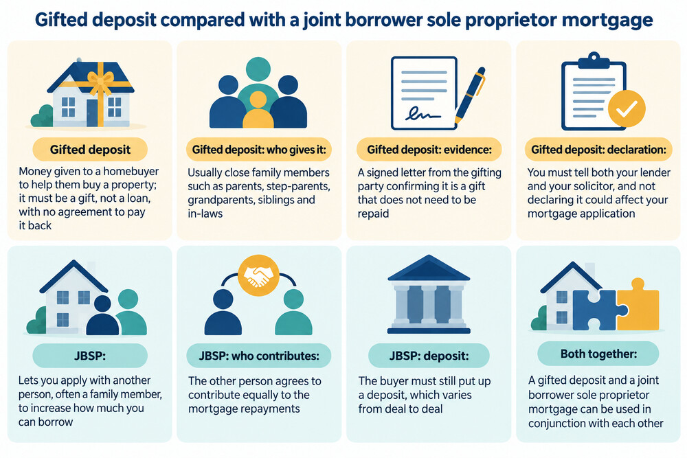 A simple side-by-side of a gifted deposit and a joint borrower sole proprietor mortgage