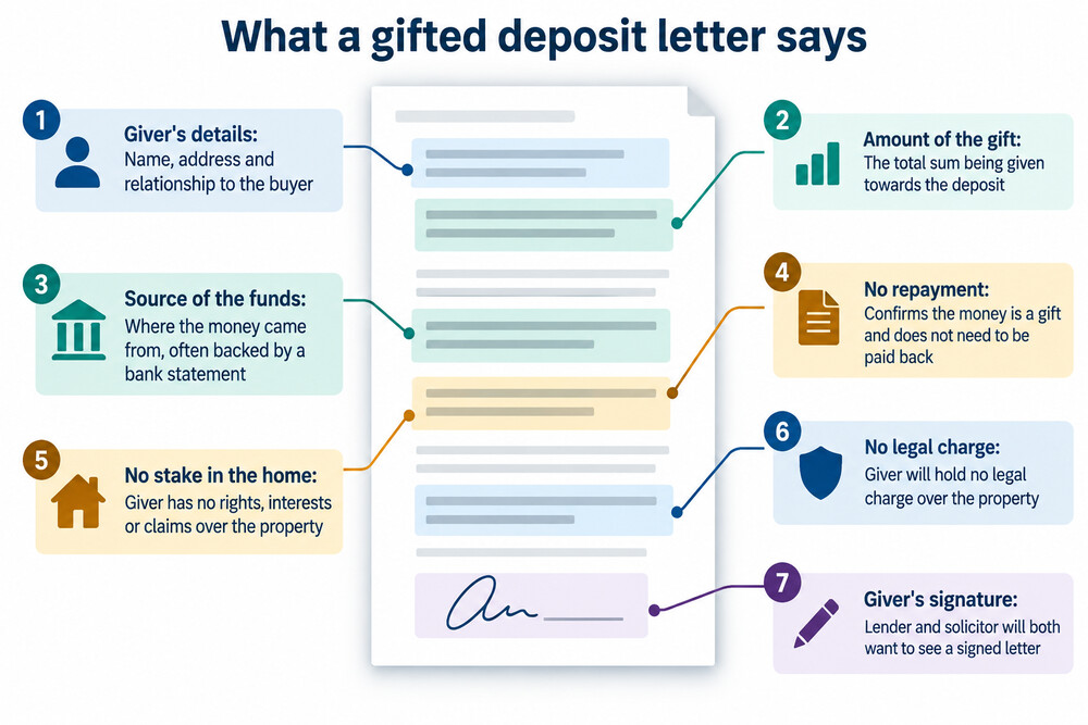 An example of a completed gifted deposit letter showing the giver's details, the amount and the no-repayment declaration