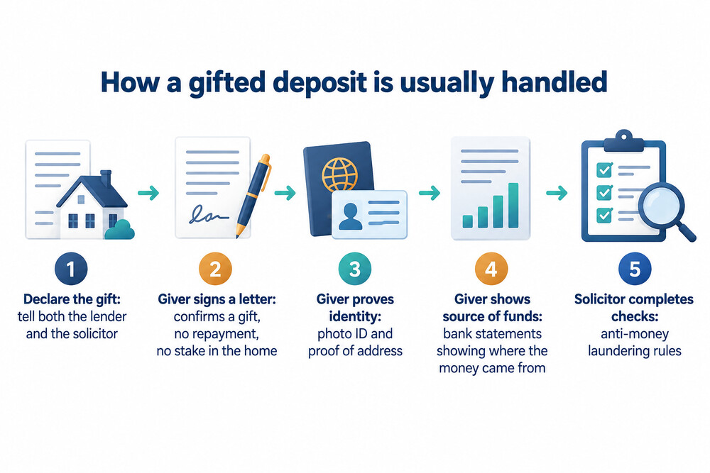 Flow of a gifted deposit from the giver's account to the buyer's account and then to the solicitor