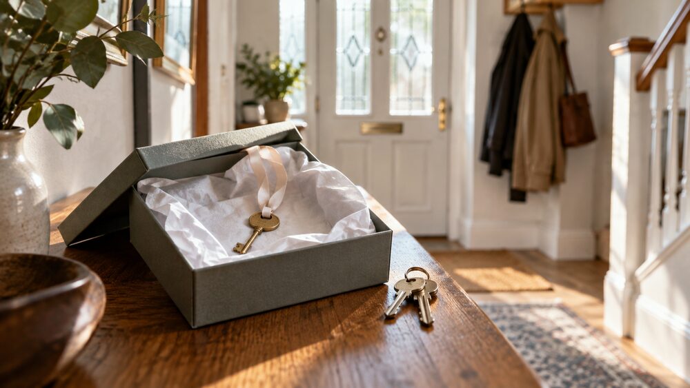 A small brass key on a ribbon sits in a gift box on a hallway table beside house keys.
