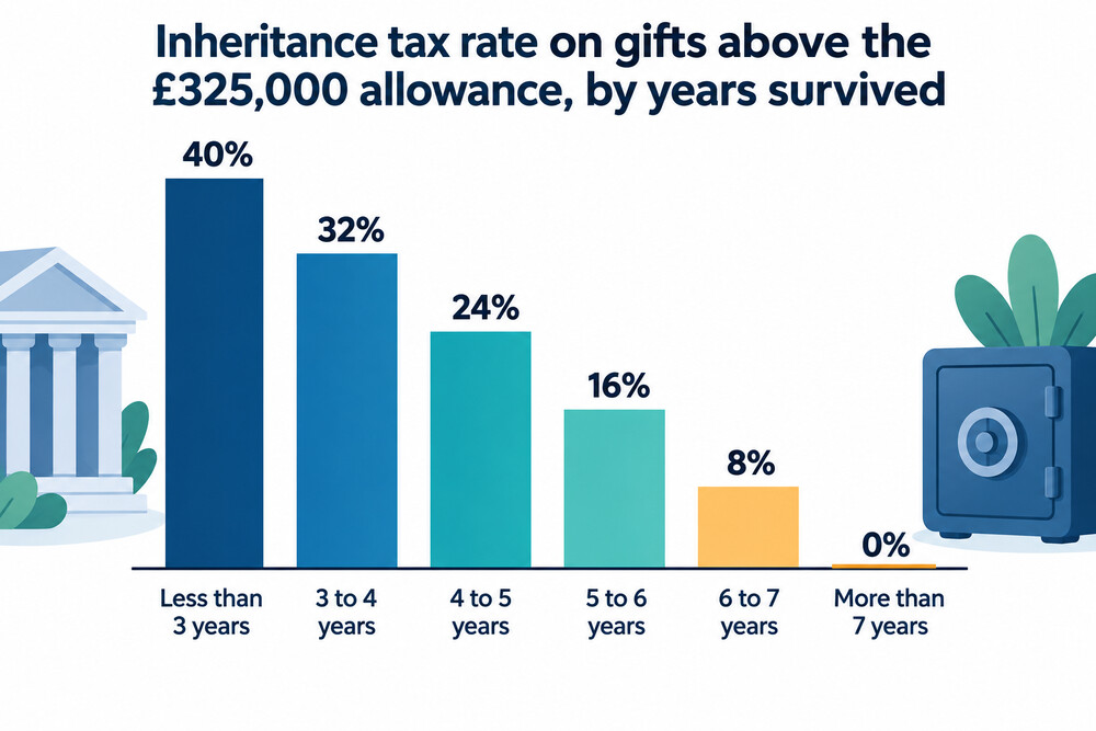 Chart of how the inheritance tax rate on a gift falls with each year the giver survives