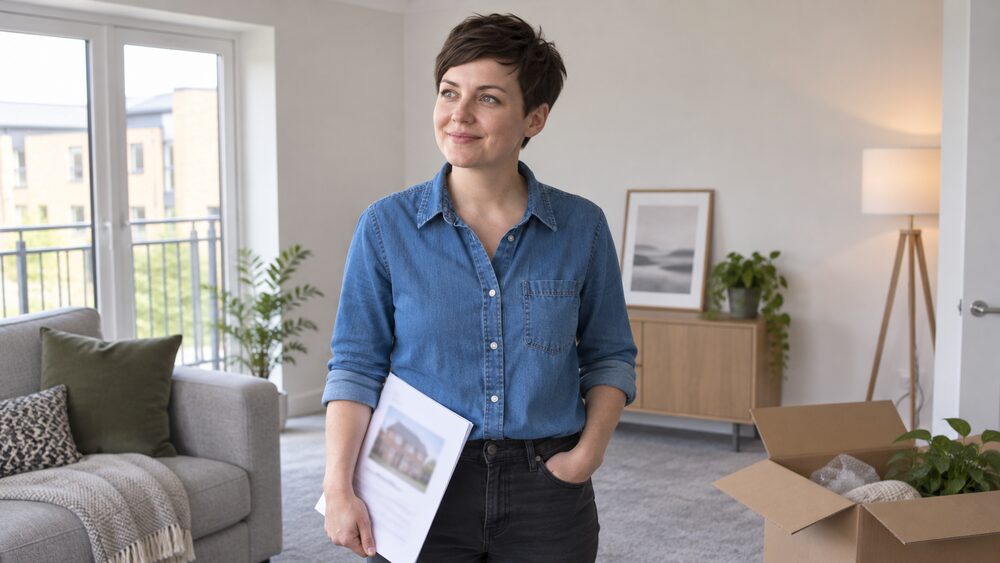A woman stands in the living room of a new-build flat holding a valuation report beside an unpacked box.