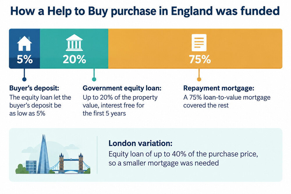 A diagram showing how a Help to Buy purchase was split between deposit, mortgage and equity loan