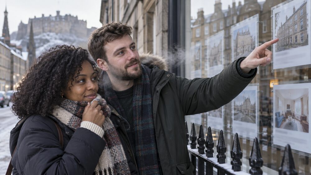 A couple in winter jackets look at property cards in an estate agent's window on a cold street.
