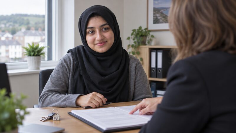 Young woman sits at a desk with a conveyancer and paperwork.