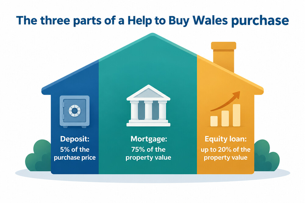 A simple diagram showing the three parts of a Help to Buy, Wales purchase: 5% deposit, 75% mortgage, 20% equity loan