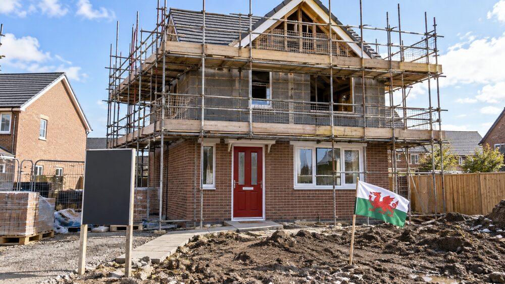 An unfinished new-build house with scaffolding, a red front door and a small flag in the muddy garden.