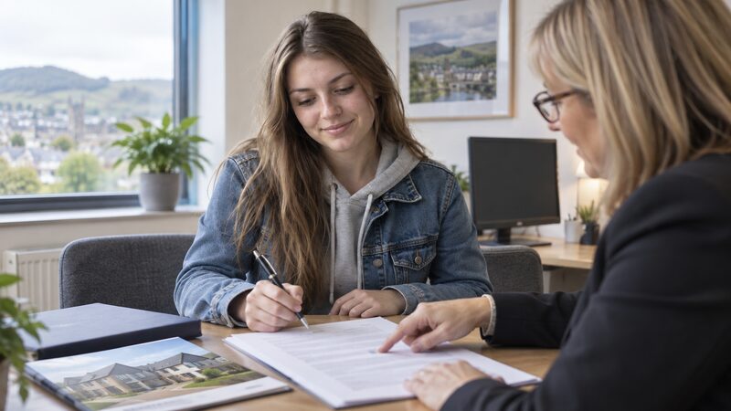 Young woman sits at a desk with a conveyancer reviewing paperwork.