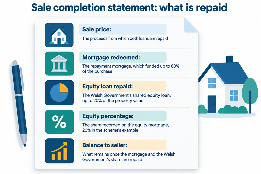 A statement showing the repayment calculation for a Help to Buy - Wales equity loan on sale