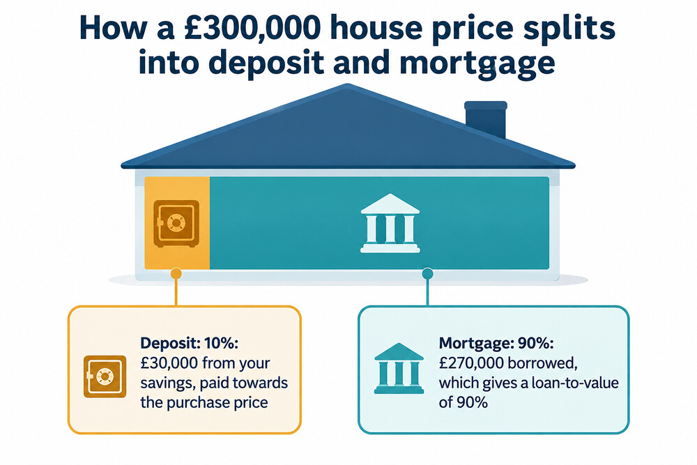 A diagram of a property's value split between the buyer's deposit and the mortgage loan