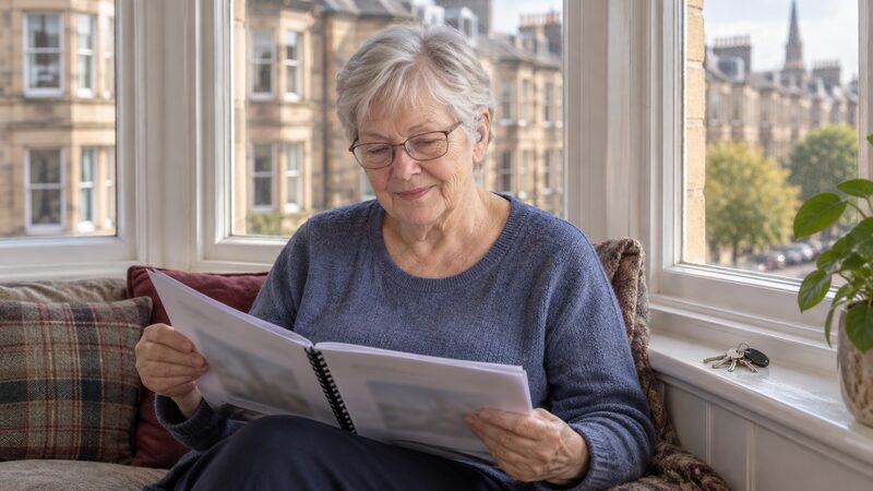 Older woman reads a report in a tenement flat during a viewing.