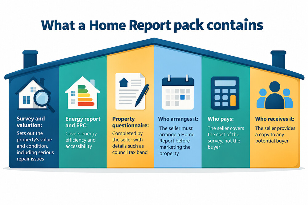 A Home Report pack showing its three parts: survey and valuation, energy report and EPC, and property questionnaire