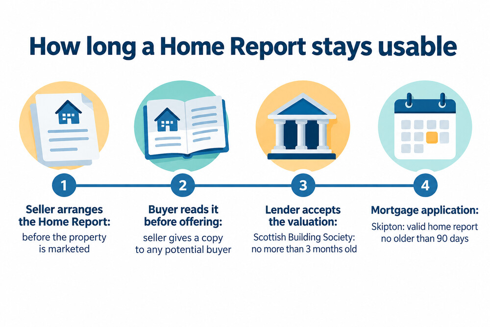 A timeline showing a Home Report being arranged by the seller, used by the buyer, and its 90 day validity for a mortgage application
