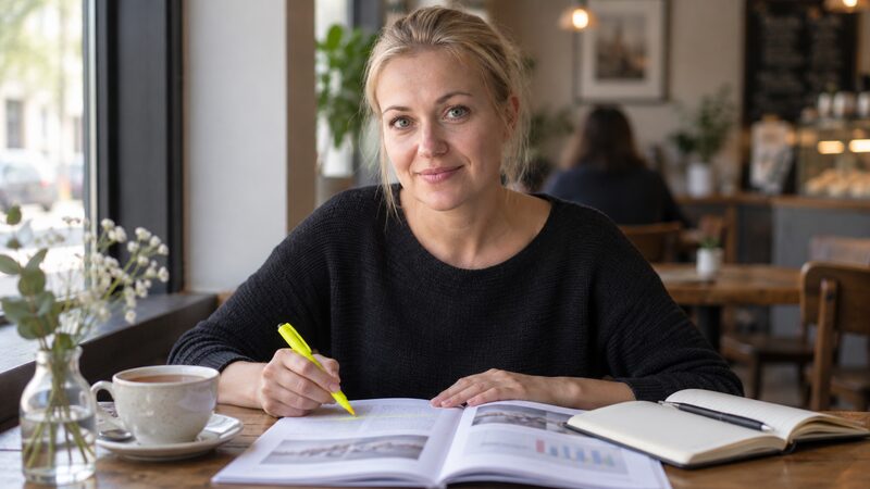 Woman highlights a survey report at a café table.