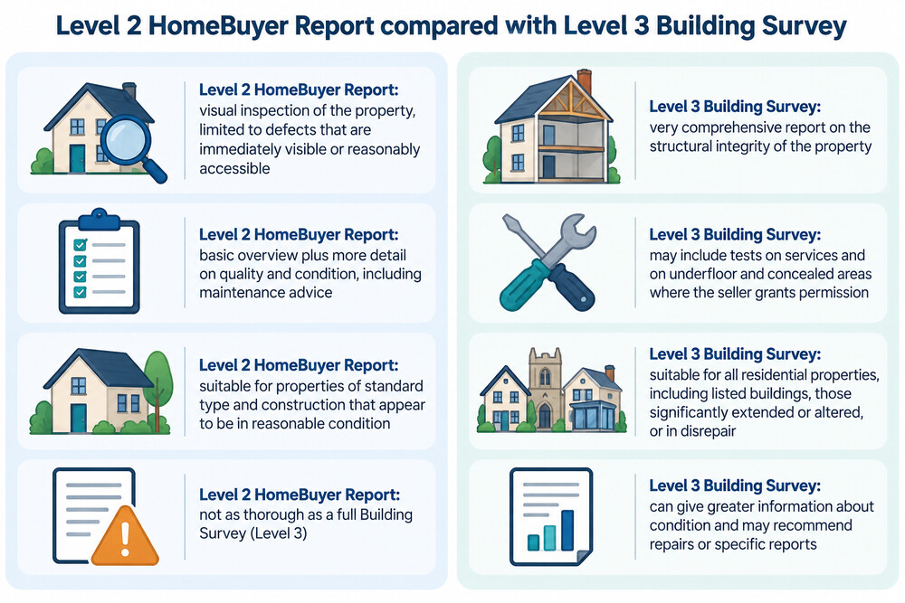 A side-by-side comparison of what a Level 2 HomeBuyer Report and a Level 3 Building Survey each inspect