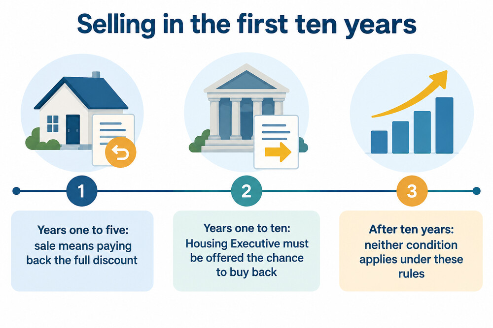 A timeline of the first ten years after buying, showing the discount repayment period and the buy-back option