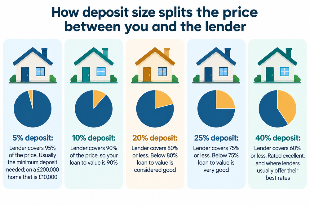 A diagram showing how a property's price is split between the buyer's deposit and the mortgage at different deposit bands