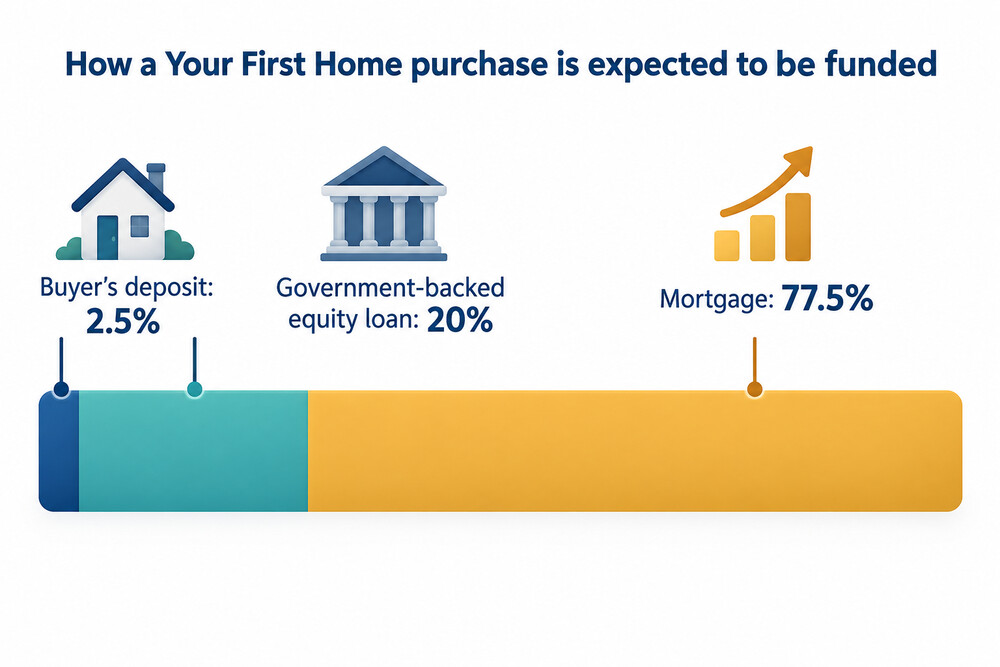 How a Your First Home purchase would be split between deposit, equity loan and mortgage