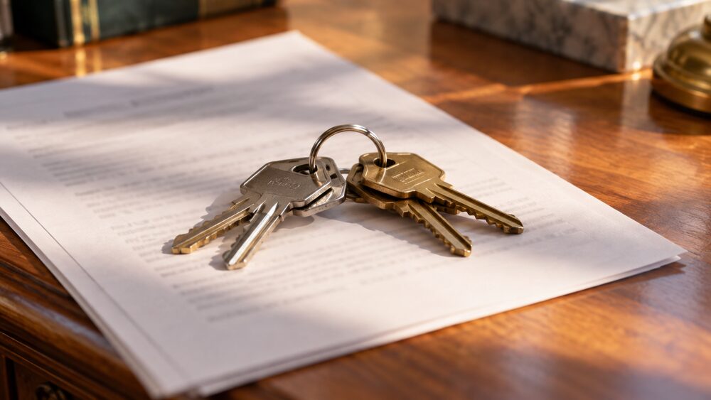 Two sets of house keys on one ring rest on a wooden counter above a blurred title document.