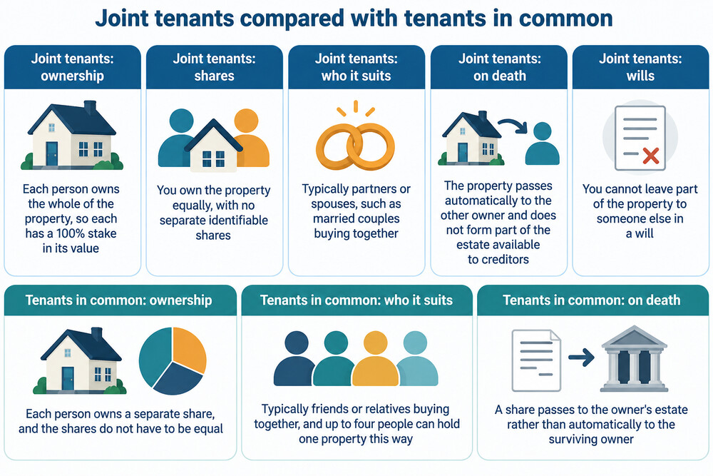 A diagram showing how joint tenancy and tenancy in common differ in ownership and inheritance