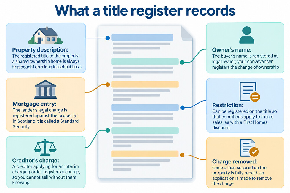 A sample title register entry showing the property description, the proprietor's name and address, and any charges listed against the title