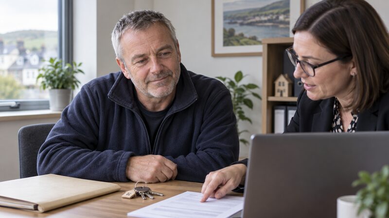 A man sits at a desk while a conveyancer points at a paper form beside a laptop.