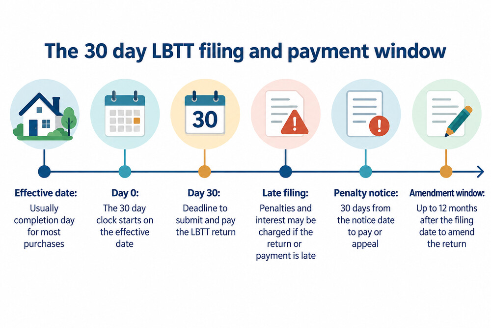 A calendar showing the 30 day window running from completion to the LBTT filing and payment date