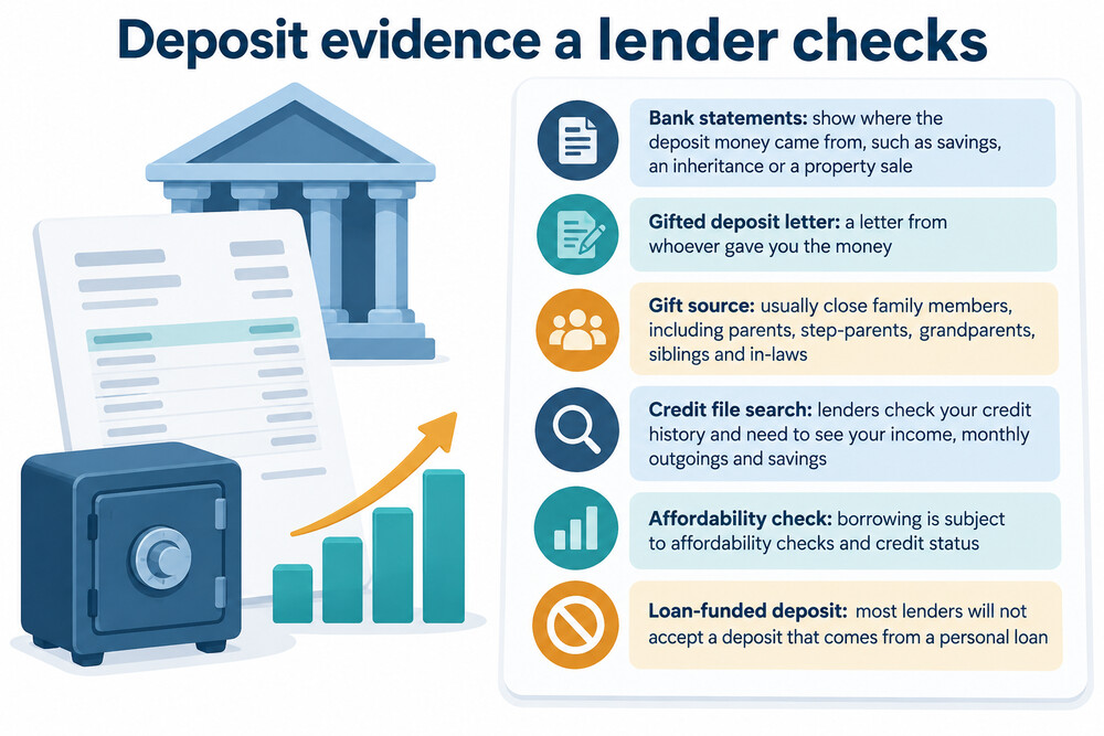 A lender's checklist of deposit evidence, showing bank statements, a gifted deposit letter and a credit file search